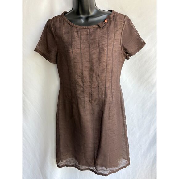Vintage Key Wear Brown Mini Dress Size L Retro Bow Detail Earthy Feminine - Picture 1 of 11
